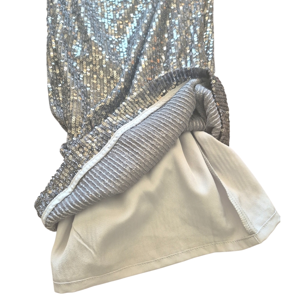 LOFT Silver Sequins High Rise Wide Leg Pants Side Zip Petite 10P Holiday Party - Picture 8 of 10